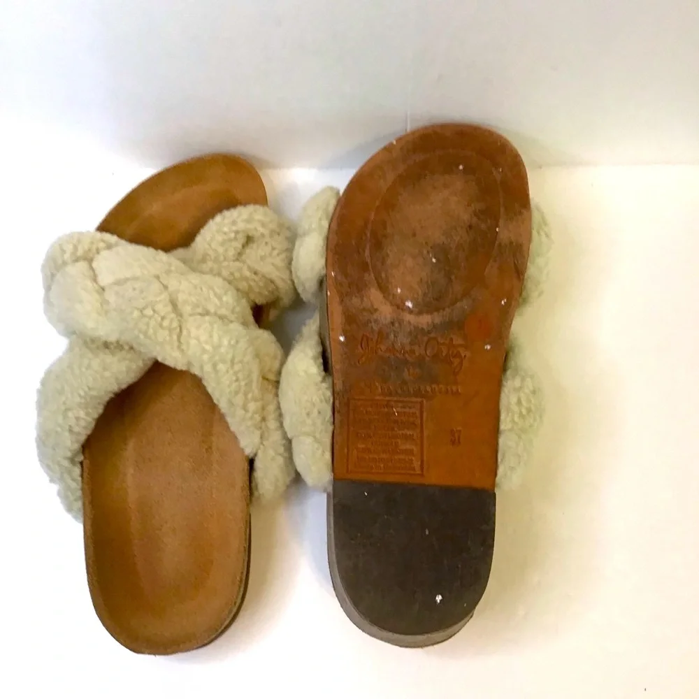 Johanna Ortiz Cream Sherpa Braided Crisscross Slide Cork Sole Sandals 37 - Picture 5 of 6